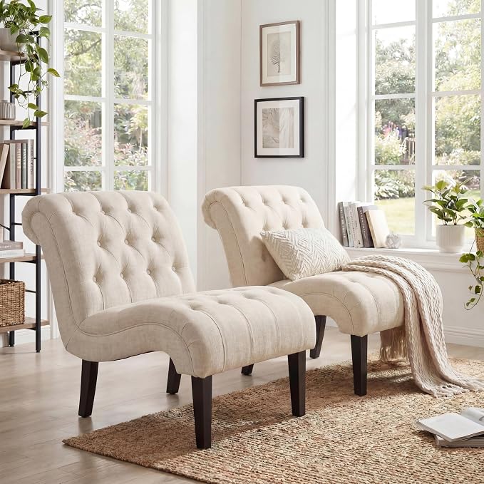 Accent Chairs Set of 2 Mid Century Modern Tufted Upholstered Chair for Living Room Bedroom Curved Armless Side Chairs with Wood Legs Linen Fabric