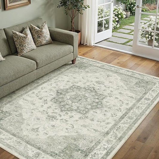 PureCozy Green Area Rug 5x7 Washable Living Room Carpet Vintage Non Slip Soft Bedroom Indoor Office Retro Low Pile Thin Oriental Medallion Large Rug for Dining Room Bathroom Kitchen