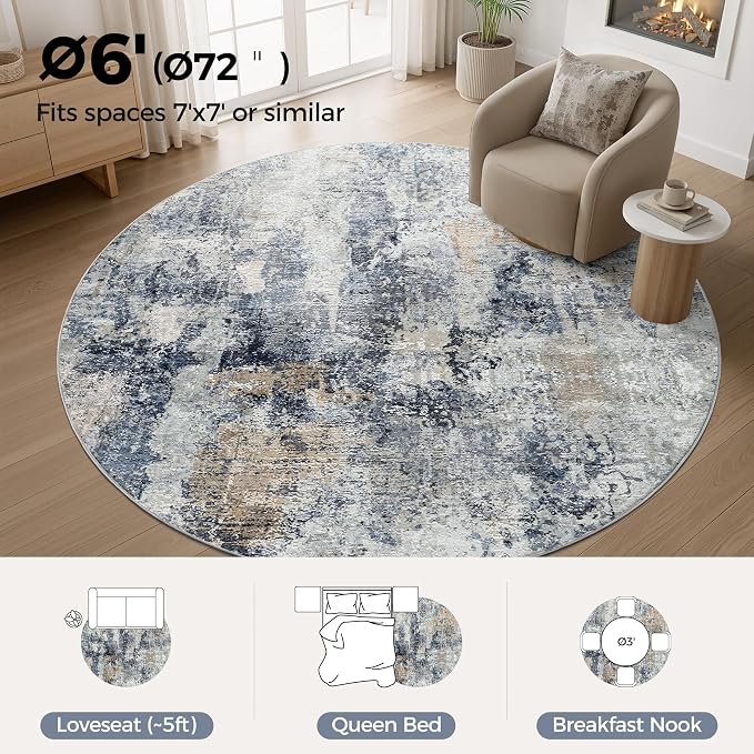 WITSHOCK Area Rugs 6ft Round Living Room Rug - Washable Neutral Soft Low Pile Non-Slip Modern Abstract Thin Large Indoor Carpet for Bedroom Dining Room Nursery Office - Dark Blue Brown