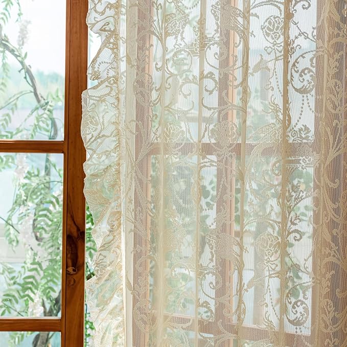 TUDECO Beige Sheer Curtains 54 Inch Length - Romantic Floral Short Lace Curtains for Kitchen Bathroom Laundry, Rod Pocket Privacy RV Curtain Panels with Ruffle Edges, 1 Pair, 59W x 54 Inch