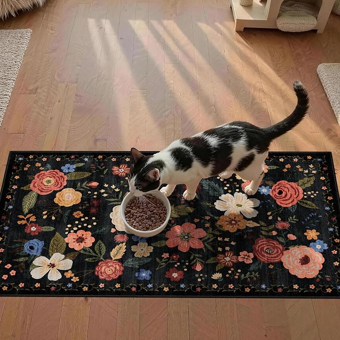 2x4 Washable Runner Rug Kitchen Hallway Area Rug Vintage Boho Floral Ultra Non-Slip Low Pile Soft Faux Wool Carpet Kids and Pets Friendly for Bathroom Bedroom Entryway Nursery Home Rug Black Green