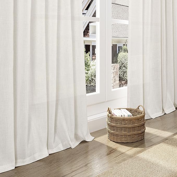 Nanspring Cream Semi Sheer Linen Curtains 79 Inch Length for Living Room Back Tab Rod Pocket Modern Farmhouse Coastal Decor Cotton Textured Gauze Curtains 73 Inches Long for Dining Room Office 52x79