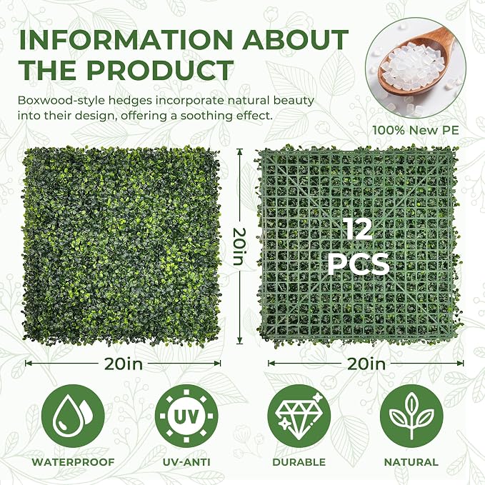 Artificial 20"x20" (12 Pieces) Boxwood Grass Wall Panels Screen | UV-Anti Faux Green Leaf Privacy Fence, Garden/Backyard/Patio/Balcony/Party Greenery Hedge Backdrop, Indoor Outdoor Decor