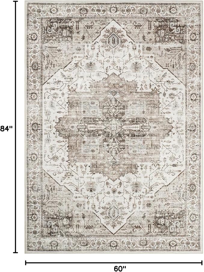 Roxstand 5x7 Area Rugs, Stain Resistant Machine Washable Area Rugs with Non-Slip Backing, Vintage Rugs for Bedroom, Living Room, Large Soft Low Pile Area Rug (White/Brown, 5'x7')