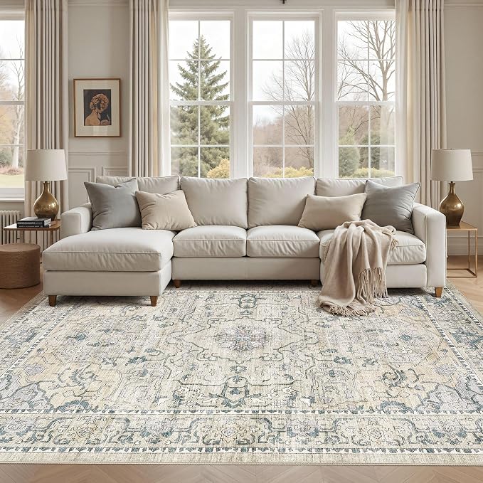 cotiled 8x10 Area Rug Machine Washable Vintage Carpet for Living Room Bedroom Soft Non-Slip Backing Floor Mat Kid & Pet Friendly Stain Resistant Green