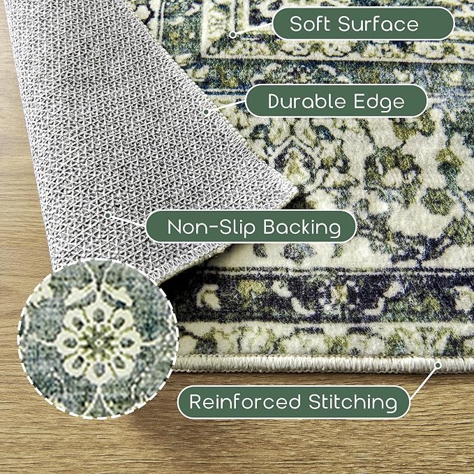9x12 Area Rugs Dark Green Washable Rug for Living Room Big Bedroom Under Bed,Low Pile Soft Non Slip Floral Boho Vintage Extra Large Carpet for Dining Room Under Table,9 by 12,Blue and Green