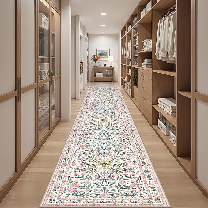 Runner Rug for Entryway: 2.6x14 Kitchen Rugs Non Slip Washable Ultra-Thin Soft Floral Carpet Indoor Floor Stain Resistant Carpets for Hallway Bedroom Kitchen Laundry Bathroom Dorm Pink/Green