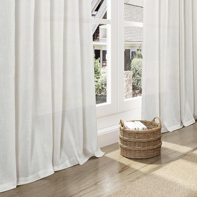 Nanspring Natural Linen Curtains for Living Room 112 Inches Long Back Tab Light Filtering Semi Sheer Curtain Rustic Farmhouse Decor Long Floor to Ceiling High Window for Bedroom 52x112, 2 Panels