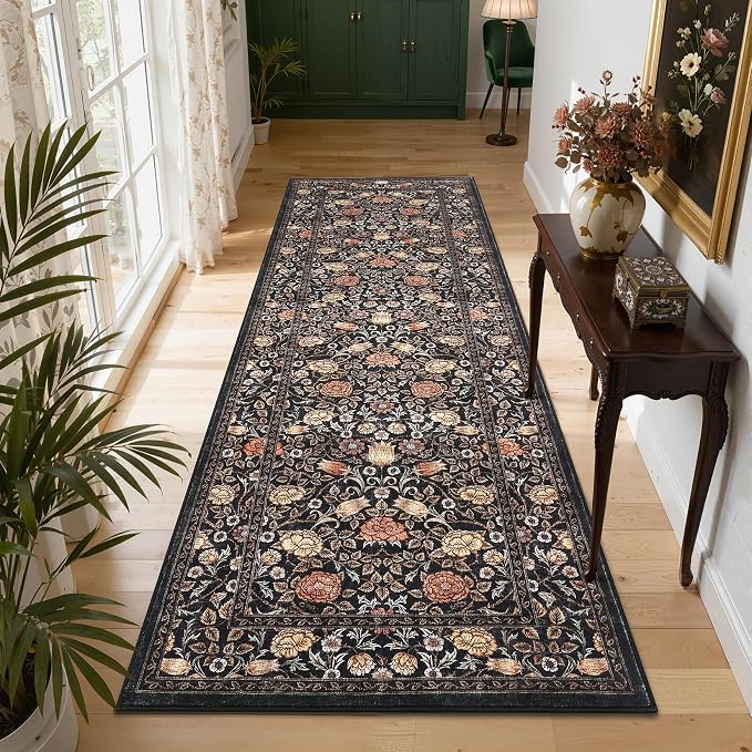 GarveeHome Brown Black 2.5x8 Runner Rug Washable Kitchen Rugs Non Slip Vintage Floral Boho Long Rug for Hallways Bedroom Entryway Bathroom Mat TPE Backing