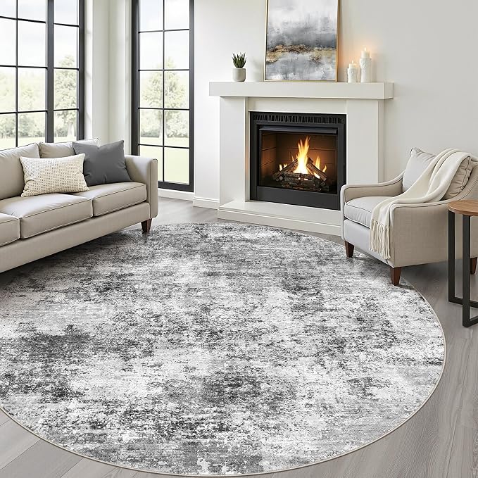 7ft Round Rug Living Room: 7x7 Washable Large Neutral Circle Area Rug Abstract Soft Modern Stain Resistant Indoor Floor Non-Slip Carpet for Bedroom Nursery Kids Office Playroom Dining Room- Black Gray