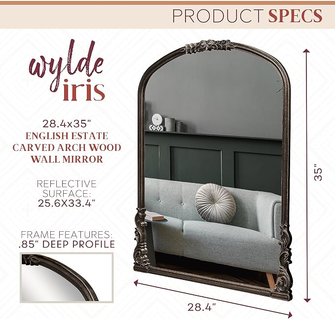 Wylde Iris English Estate Carved Arch Wood Wall Mirror, Mirror for Entryway, Living Room, Bathroom, Antique Black, 28.4x35