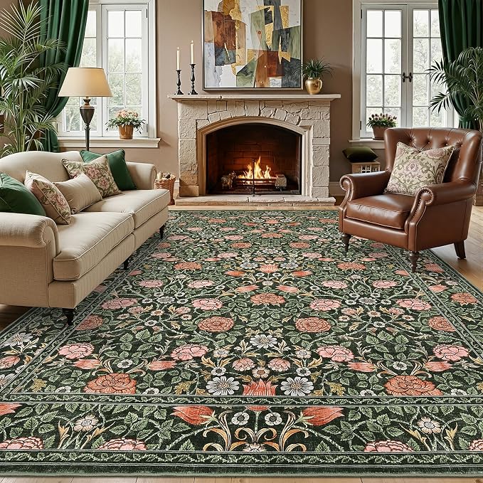 GarveeHome Dark Green Vintage Floral Washable 8x10 Area Rugs for Living Room Boho Botanical Retro Rug Low Pile Stain Resistance Non Slip Carpet for Bedroom Nursery Dining Room
