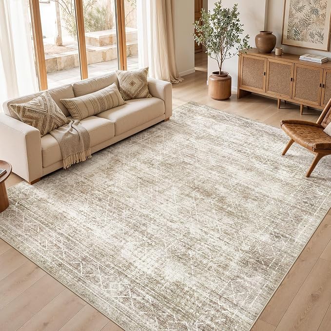 cotiled Washable Area Rugs 9x12 Living Room | Non Slip Backing, Stain Resistant, Pet Friendly, Large Neutral Soft Indoor Carpet For Bedroom, Nursery, Office, Beige/Brown