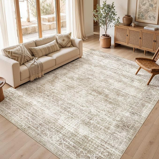 cotiled Washable Area Rugs 10x12 Living Room | Non Slip Backing, Stain Resistant, Pet Friendly, Large Neutral Soft Indoor Carpet For Bedroom, Nursery, Office, Beige/Brown