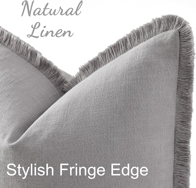 decorUhome Linen Fringe Euro Sham Throw Pillow Covers Set of 2 Decorative Light Grey Pillow Covers with Tassels Soft Accent Boho Farmhouse Pillow Cases for Couch Bed Sofa 24x24 Inch