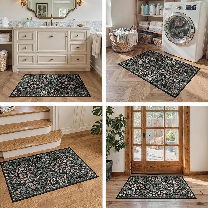 2x3 Washable Area Rug for Entryway Vintage Boho Floral Rug Non-Slip Low Pile Soft Faux Wool Small Carpet Kids and Pets Friendly for Bathroom Bedroom Kitchen Hallway Bedside Home Decor Rug Black
