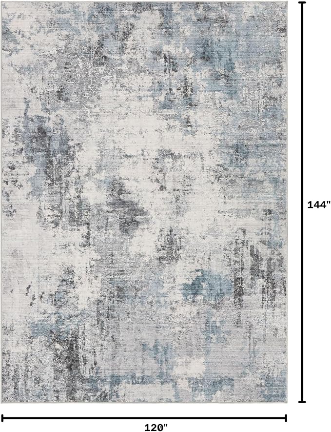 Abstract 10x12 Area Rug: Machine Washable Non Slip Ultra Thin Low-Pile Carpet, Soft Stain Resistant for Living Dining Room Bedroom, Kid Pet Friendly, Robot Vacuum Compatible - Grey Blue