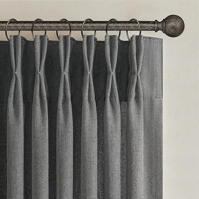 Natural Linen Semi Sheer Ceiling Curtains 102 Inches Long 2 Panels for Patio Sliding Glass Door, Dark Grey Luxury Pinch Pleat Living Room Light Filtering Curtain with Track System Burg Decor 40Wx102L