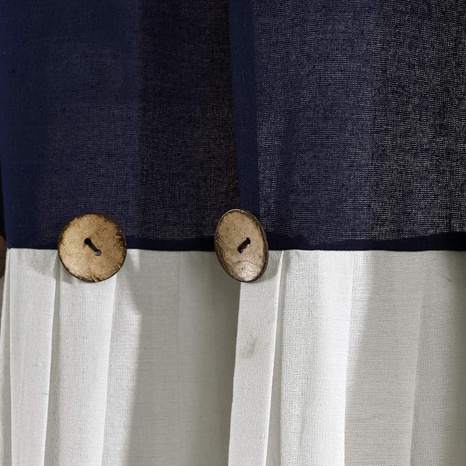 Lush Decor Linen Button Window Curtain Panel, Single, 40" W x 95" L, Navy & Off-white - Country Curtains - Rustic Decor - Color Block Modern Farmhouse Curtains For Living Room, Bedroom & Dining Room