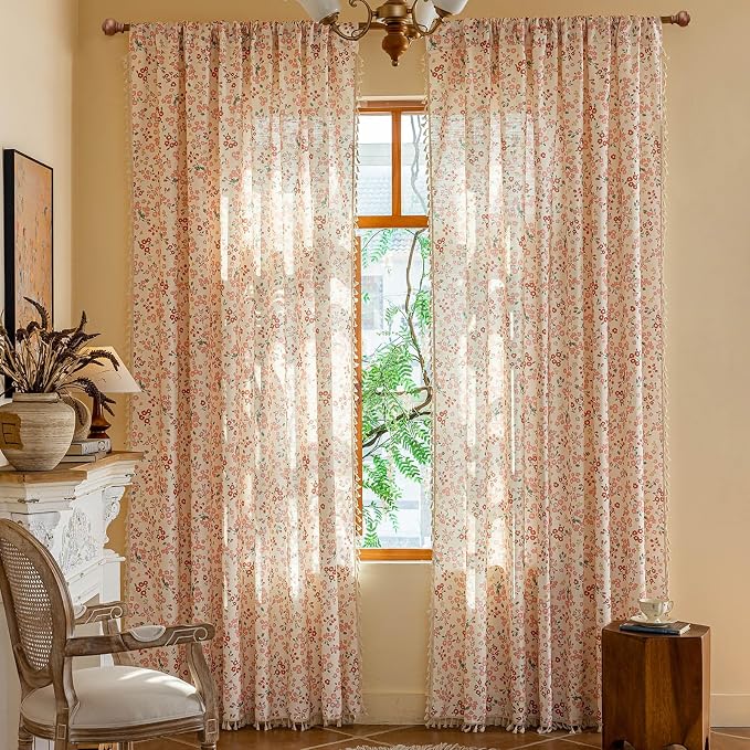 OYX Pink Boho Farmhouse Floral Curtains 63 Inch Long 2 Panels For Living Room, Flower Girl Bedroom Light Filtering Drapes, Vintage Country French Patterned Rod Pocket Aesthetic Decor Window Treatments