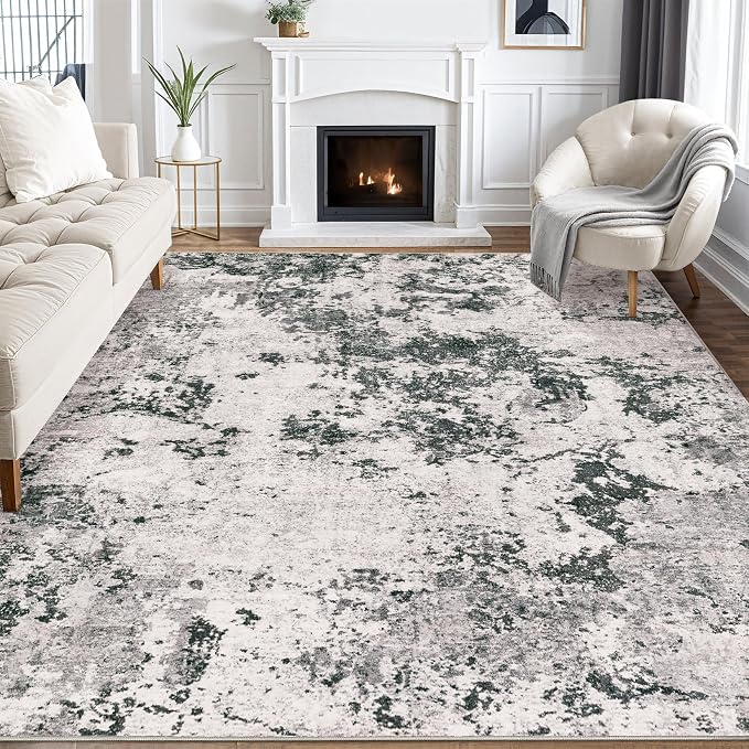 Area Rugs for Living Room: 10x12 Abstract Washable Rug Large Soft Stain Resistant Non-Slip Backing for Bedroom Dining Room Indoor Home Office Carpet for Kids Pet Friendly Families - Dark Grey