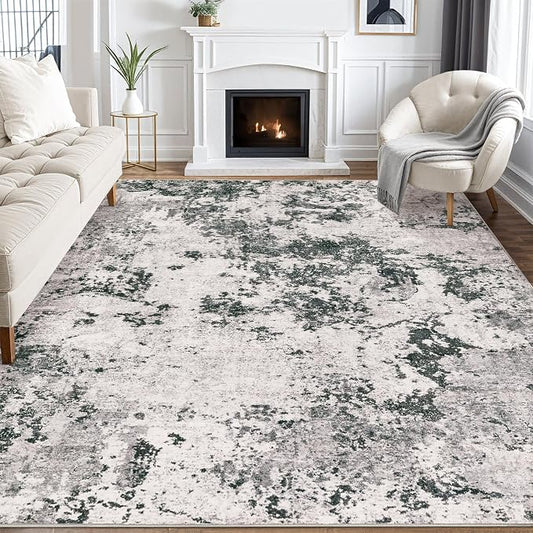 Area Rugs for Living Room: 10x12 Abstract Washable Rug Large Soft Stain Resistant Non-Slip Backing for Bedroom Dining Room Indoor Home Office Carpet for Kids Pet Friendly Families - Dark Grey
