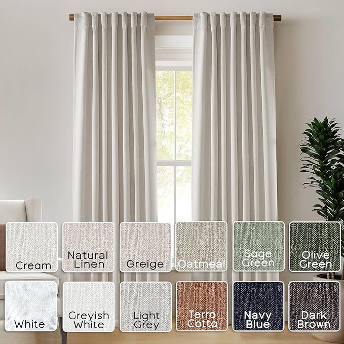 63 Inch Length Natural Linen Blackout Curtains, Rod Pocket Black Out Thermal Insulated Curtain Drapes for Bedroom 63 in Long 2 Panels Set
