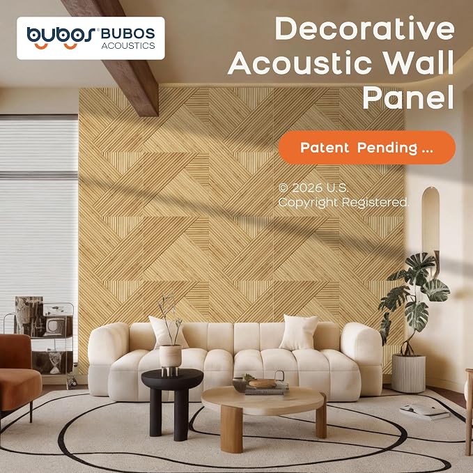 BUBOS 6 Pack Acoustic Wall Panels - High-Density Polyester Sound Absorbing Panels, Decorative Wood Print Treatment for Recording Studio & Home Office, Peel and Stick, 23.6" x 23.6"