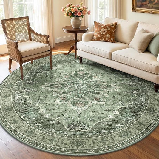 RELEANY Area Rugs Round 6ft Washable Non-Slip, Floral Vintage Distress Medallion Carpet for Living Room Bedroom Dining Room, Dark Green Gray