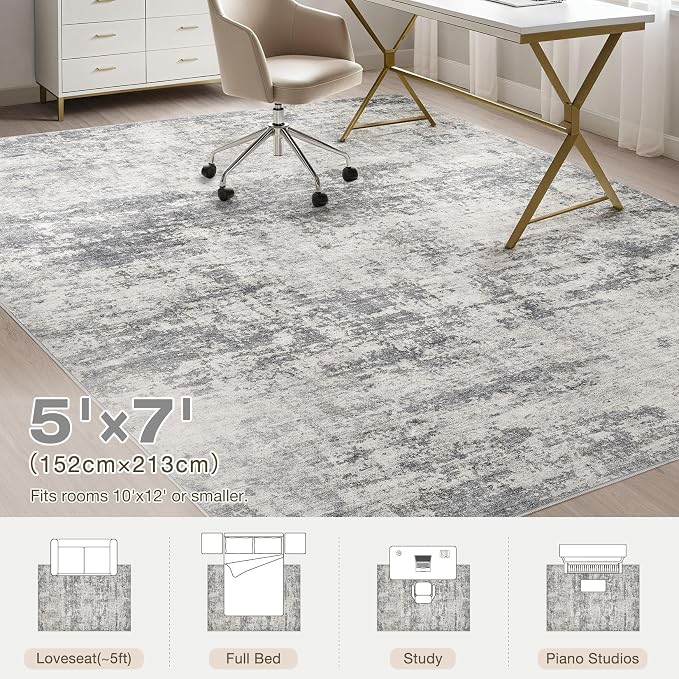 Abstract 5x7 Area Rug: Machine Washable Non Slip Ultra Thin Low-Pile Carpet, Soft Stain Resistant for Living Room Bedroom Nursery, Kid Pet Friendly, Robot Vacuum Compatible - Grey Beige