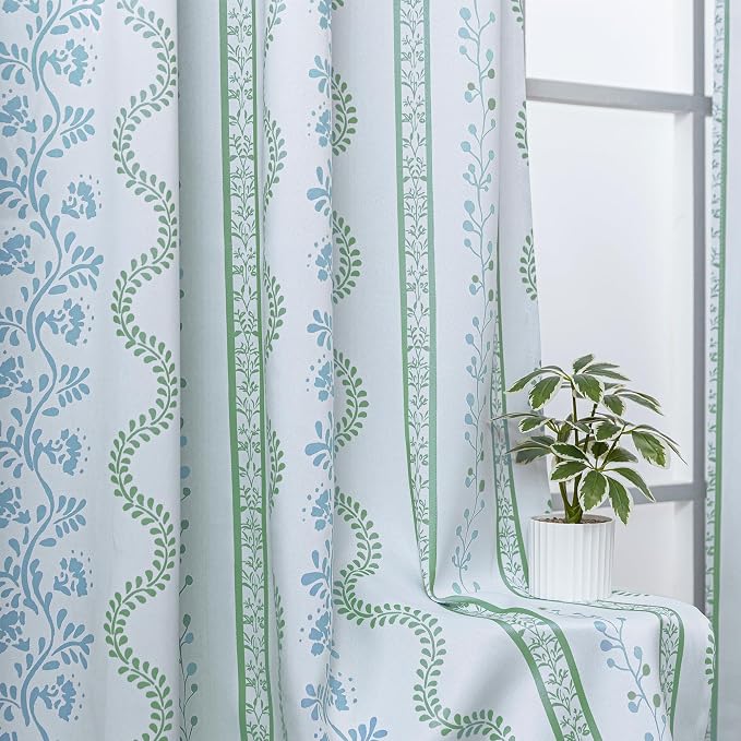 Sage Green Floral Blackout Curtains, Farmhouse Cottage Core Vine Botanical Pattern Drapes, Light Green White Thermal Insulated Room Darkening Curtains for Bedroom Living Room, 96 Inch Long 2 Panels