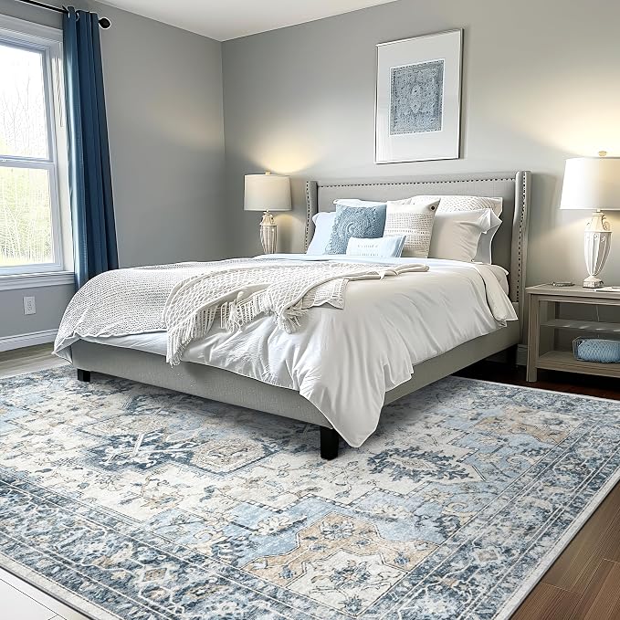 GENIMO 8x10 Area Rugs for Living Room, Machine Washable Non Slip Vintage Rugs, Low Pile Lightweigt Chenille Print Indoor Rug for Bedroom, Dining Room, Home Office, Blue