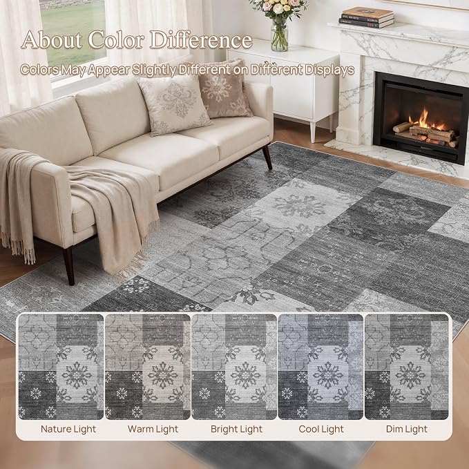 UERMEI 8x10 Area Rug for Living Room - Washable Vintage Carpet, Non-Slip Soft Large Indoor Floor Rugs for Bedroom Home Office & Under Dining Table Decor, Gray Block