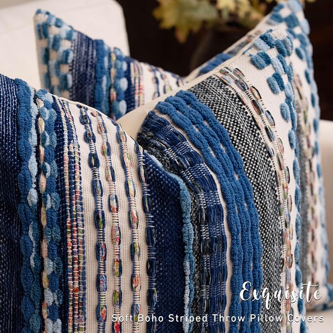 Boho Chenille Tufted Throw Pillow Covers 18x18 Inch Set of 2 Farmhouse Blue Woven Striped Decorative Pillowcases for Couch Sofa Bed