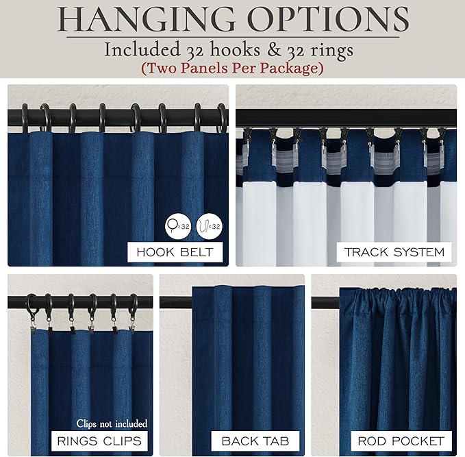 Navy Blue Blackout Curtains 86 Inch Length for Kids/Boys Rooms/Bedroom, Floor to Ceiling Track Pleated Drapes with Hooks Linen Thermal Coastal Curtain Dark Blue Window Burg 50"Wx86"Lx 2Panels Back Tab