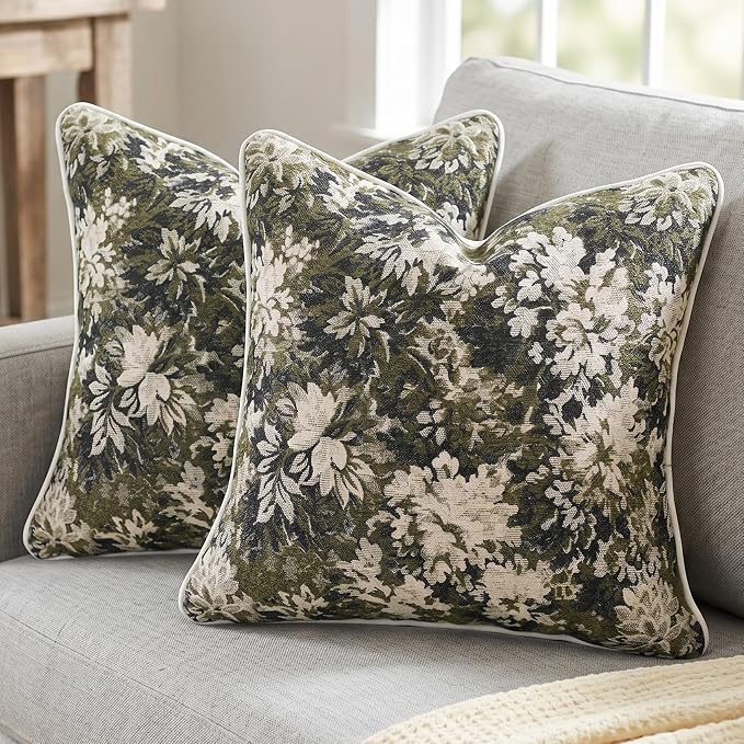 Vintage Floral Throw Pillow Covers 20x20 Inches Set of 2 Boho Farmhouse Pillow Cases Premium Chenille Textured Decorative Cushion Covers for Couch Retro Garden Farmhouse Style Olive