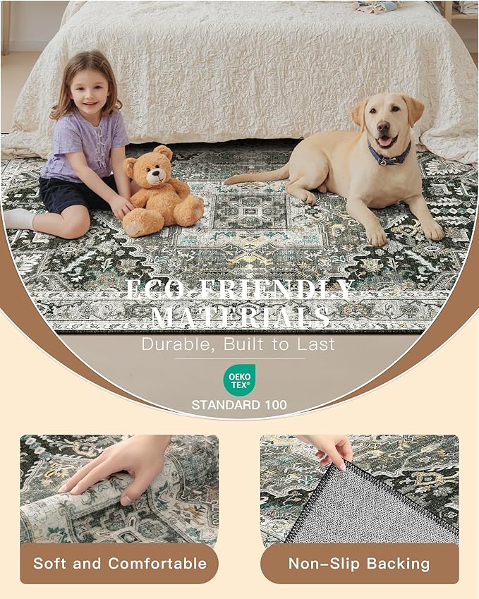 Madane Washable Runner Rugs 2x12 for Hallway Kitchen Grey Green/Black Olive | Non-Slip Vintage Printed 12ft Long Rug Runners with Rubber Backing, Thin Low-Pile Floor Carpet Laundry Room Entryway