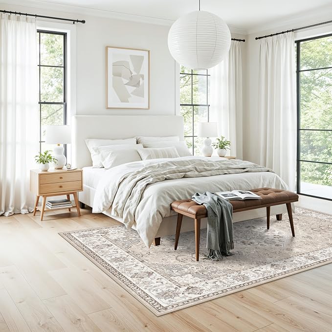 Washable 5x8 Living Room Area Rug: Vintage Water-Resistant Soft Rug for Bedroom Dining Room Non Slip Apartment Low Pile Carpet Thin Floor Mat for Dorm Home Office Printed Beside Rug(5x8，Beige)