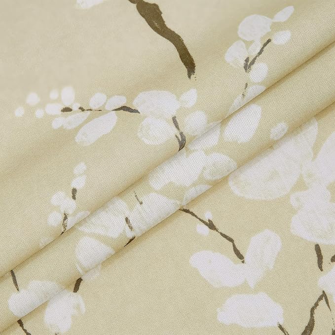 FMFUNCTEX Beige Kitchen Curtains 36 Inch Length White Blossom Floral Print on Canvas Tier Curtains for Small Windows Basement Bathroom Laundry Closet Rustic Curtains Rod Pocket 2 Panels