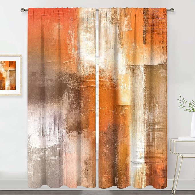 MESHELLY Abstract Burnt Orange Curtains 52W x 63H Inch Rod Pocket Rustic Rust Brown Art Painting Modern Contemporary Watercolor Cool Grey Oil Print Living Room Bedroom Window Drapes Fabric 2 Panel