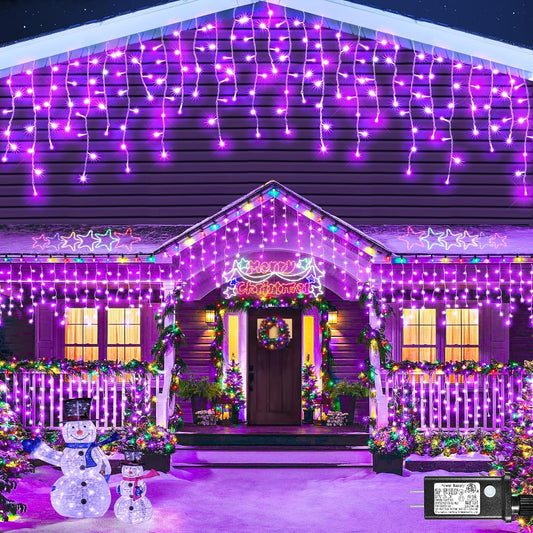 33ft Purple Halloween Lights Outdoor Indoor, 400 LED Icicle Lights for Outside Twinkle Christmas Lights with 75 Drops Clear Wire Timer 8 Modes for House Party Tree Yard Patio Eaves Holiday Decoration
