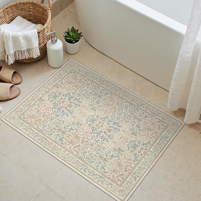 GENIMO 2x3 Washable Kitchen Rug, Non Slip Indoor Door Mat, Beige Pink | Vintage Boho Floral Low Pile Entryway Mat for Bathroom, Front Door and Laundry Room