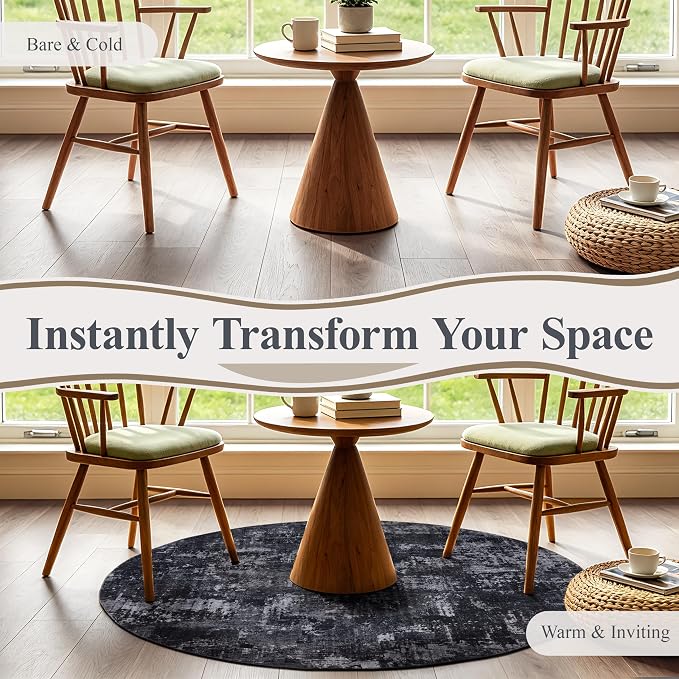 Sasttie 8ft Soft Round Area Rug, Modern Abstract Washable Large Circle Carpet for Living Room, Bedroom, Dining Room Table, with Non-Slip Backing, Black and Grey
