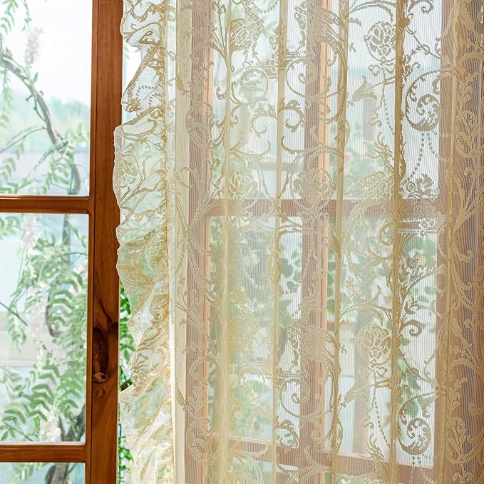 TUDECO Beige Lace Kitchen Curtains 45 Inch Length - Rustic Floral Half Cafe Short Lace Curtains, Small Voile Drapes for Small Bathroom Window Privacy Ruffle Edges Rod Pocket 2 Panels, 59 x 45 Inch