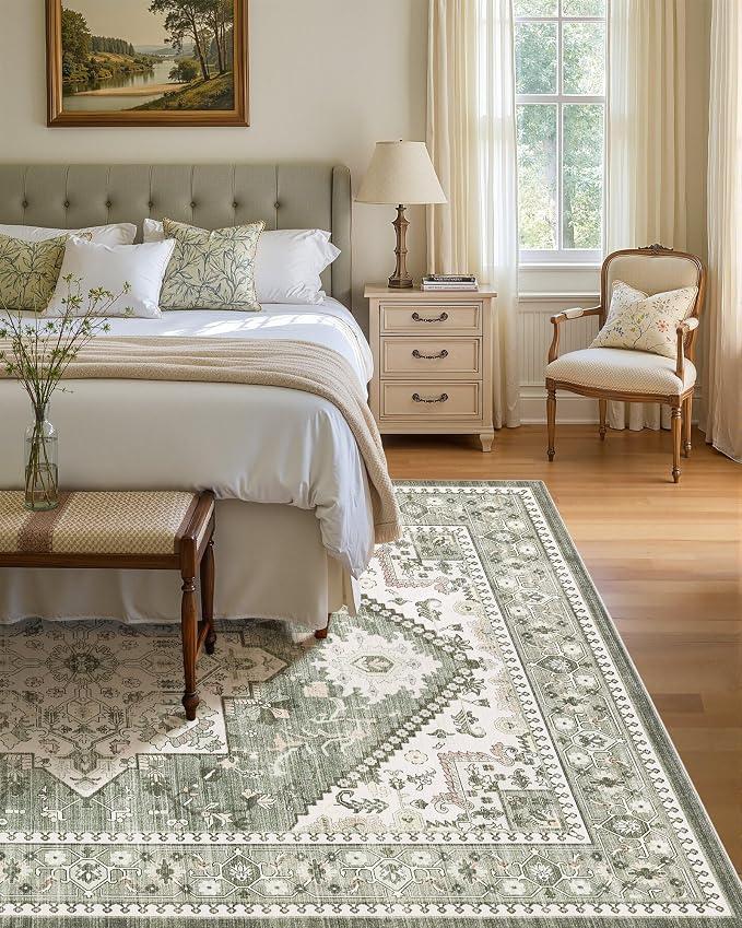 10x14 Vintage Area Rug: Washable Neutral Soft Non Slip Thin Large Floor Carpet for Living Room Bedroom Kitchen Dining Room Home Office Farmhouse Indoor - Green