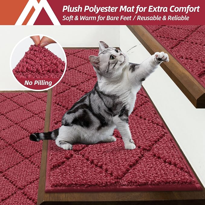COSY HOMEER Edging Stair Treads Non-Slip Carpet Mat 28inX9in Indoor Stair Runners for Wooden Steps, Edging Stair Rugs for Kids and Dogs, 100% Polyester TPE Backing (4pc, Red)