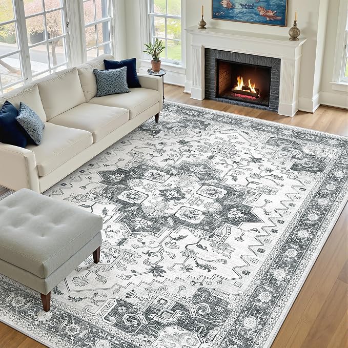Washable 6x9 Area Rug,Vintage Floral Area Rugs with Non Slip Backing Stain Resistant Grey Carpet for Bedroom Dining Room Indoor Soft Carpets Home Decor(6x9,Grey)