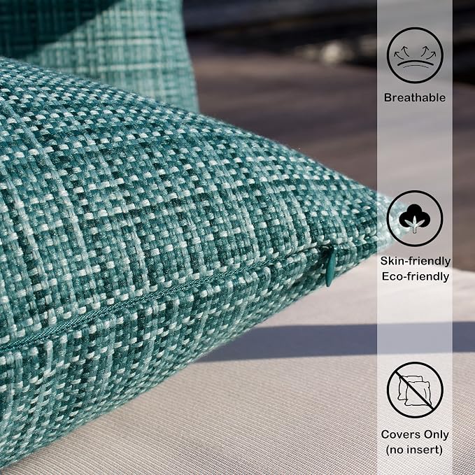 Kevin Textile Pack of 2 Decorative Outdoor Waterproof Throw Pillow Covers Stripe Square Pillowcases Modern Cushion Cases for Patio Couch Bench 18 x 18 Inch Teal