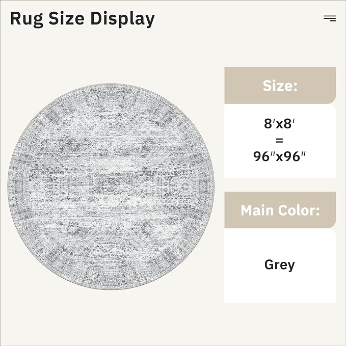 Soalmost 8x8 Grey Round Rug 8ft Living Room Circle Rug Vintage Round Area Rug Non Slip Indoor Carpet for Apartment