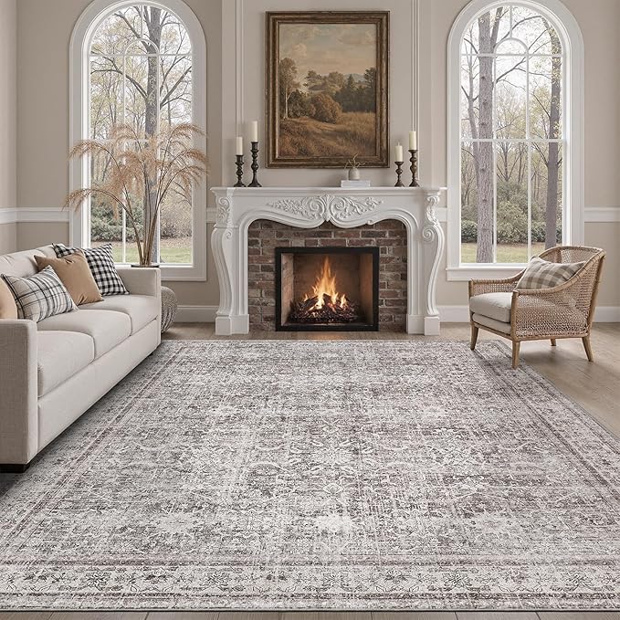 DCX Gray 5x7 Rug, Kid & Pet Friendly with Rubber Back Non Slip, Machine Washable Stain Resistant Vintage Traditional Distressed Carpet, Rug for Living Room, Bedroom, Home Decor